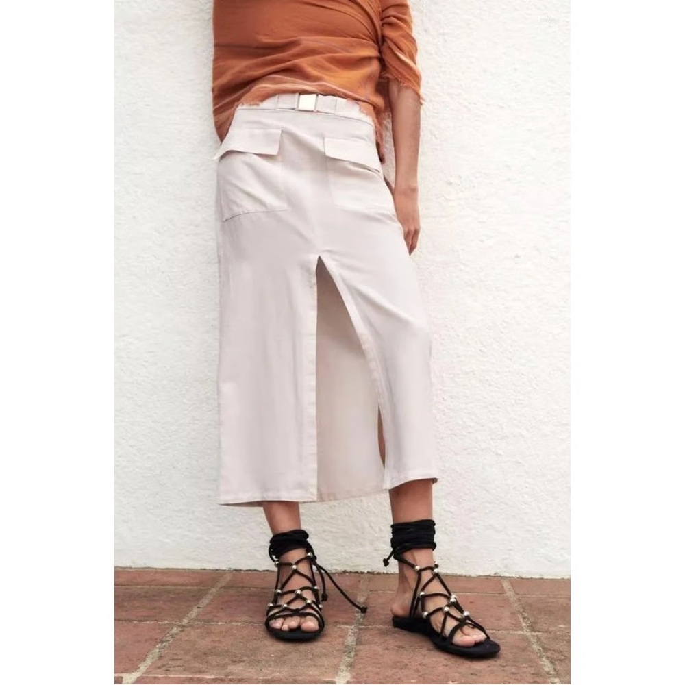 Zara Beige High-Waist Midi Skirt with Front Slit - Picture 3 of 5